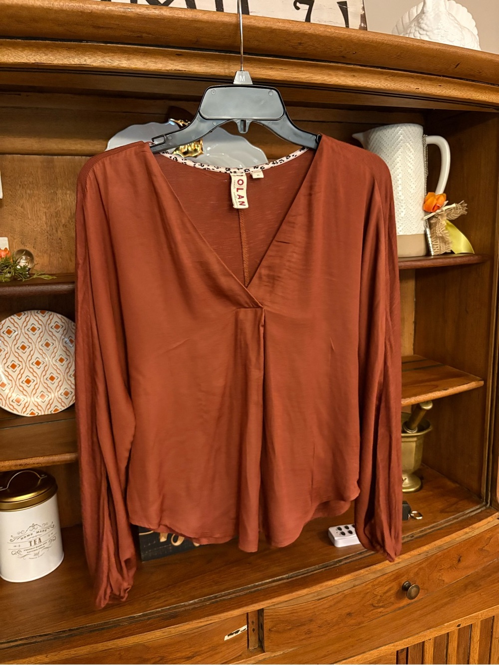 dolan Rust V-Neck Long-Sleeve Blouse